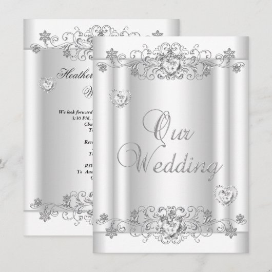 Wedding Silver White Diamond Hearts Kaart (Voorkant / Achterkant)