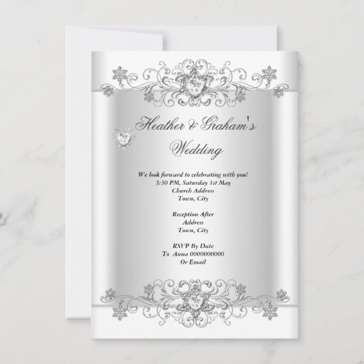 Wedding Silver White Diamond Hearts Kaart (Achterkant)