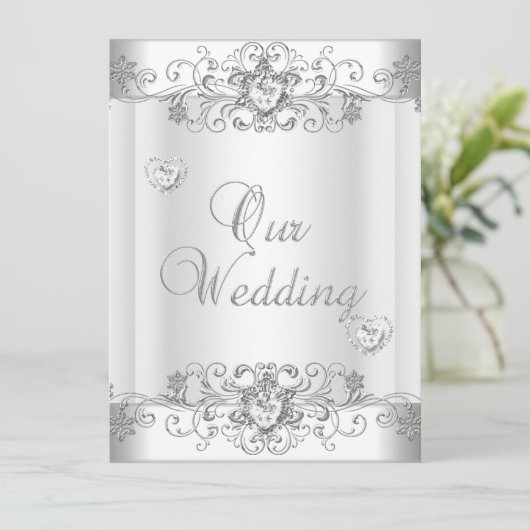 Wedding Silver White Diamond Hearts Kaart (Staand voorkant)