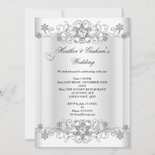 Wedding Silver White Diamond Hearts Kaart (Achterkant)