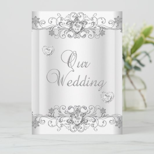 Wedding Silver White Diamond Hearts Kaart (Staand voorkant)