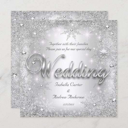 Wedding Silver Winter Wonderland Snowflakes Kaart (Voorkant / Achterkant)