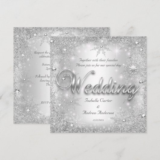 Wedding Silver Winter Wonderland Snowflakes Kaart (Voorkant / Achterkant)