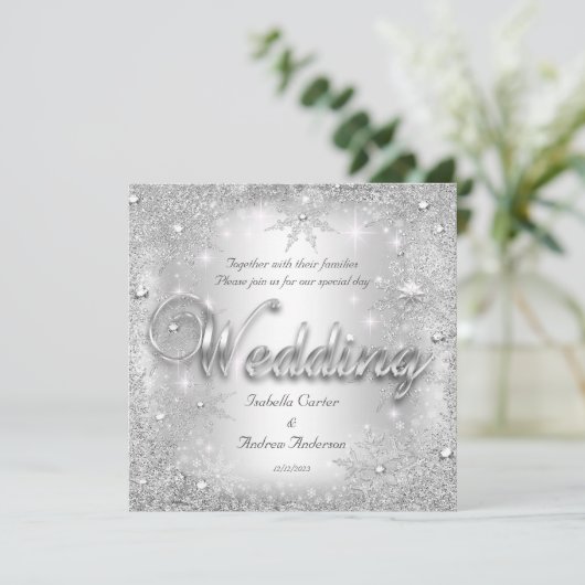 Wedding Silver Winter Wonderland Snowflakes Kaart (Staand voorkant)
