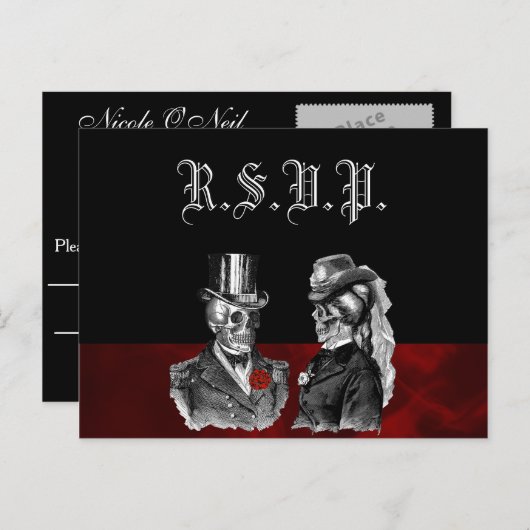 Wedding Skeleton Skulls RSVP Uitnodiging Briefkaart (Voorkant / Achterkant)