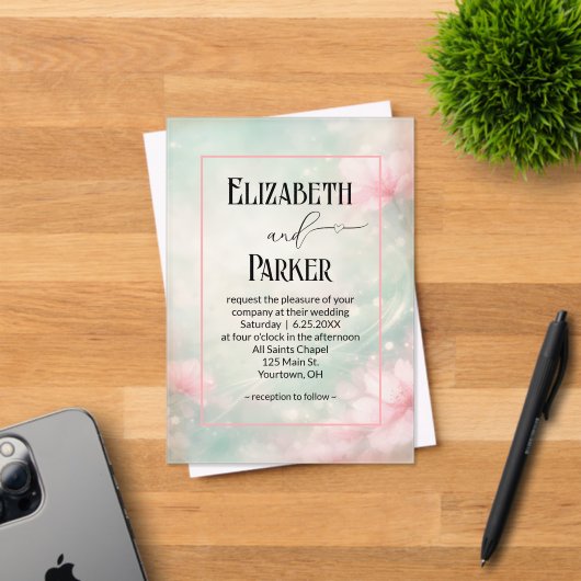 Wedding Soft Pink Flowers on Mint Green Acryl Uitnodigingen (Insitu (Uitnodiging))