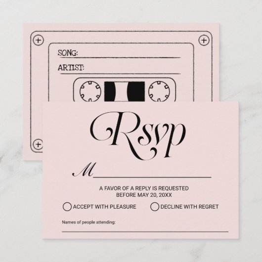 Wedding Song Request Cassettebandje Blush Pink RSV RSVP Kaartje (Voorkant / Achterkant)