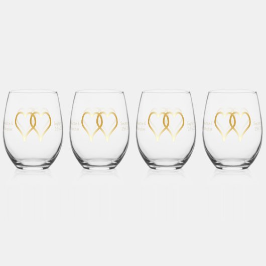 Wedding Stemless Wine Glasses Gouden Harten Wijnglas Zonder Voet (Voorkant)