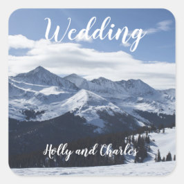 Wedding Stickers. Atmospheric Snowy Mountains Squa Vierkante Sticker