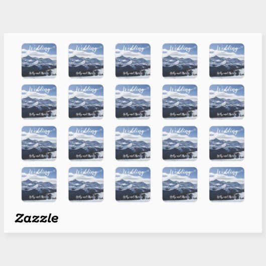 Wedding Stickers. Atmospheric Snowy Mountains Squa Vierkante Sticker (Vel)