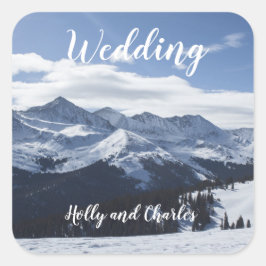 Wedding Stickers. Atmospheric Snowy Mountains Vierkante Sticker