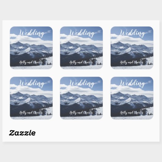 Wedding Stickers. Atmospheric Snowy Mountains Vierkante Sticker (Vel)