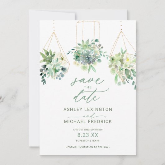 Wedding Succulent Waterverf Greenery Dusty Blue Save The Date (Voorkant)