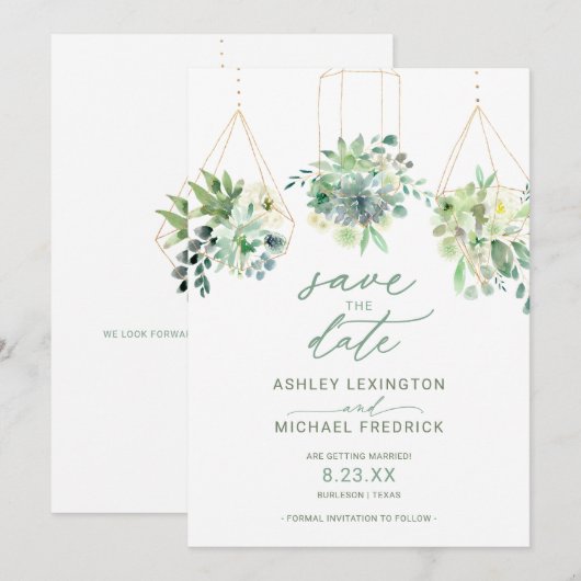 Wedding Succulent Waterverf Greenery Dusty Blue Save The Date (Voorkant / Achterkant)