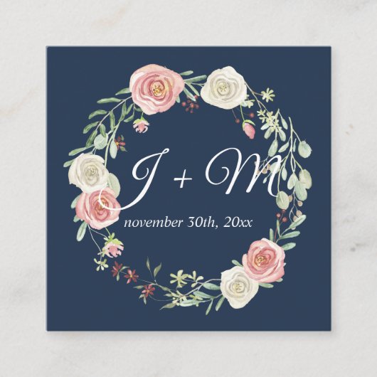 Wedding Suite Stacking Ribbon Navy Blush Floral Vierkante Visitekaartje (Voorkant)