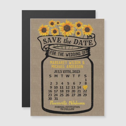Wedding Sunflower Mason Jar Juli 2023 Datum Magnet (Voorkant / Achterkant)