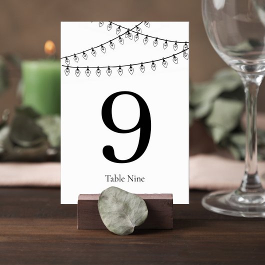 Wedding Table Number Card with String Lights Kaart