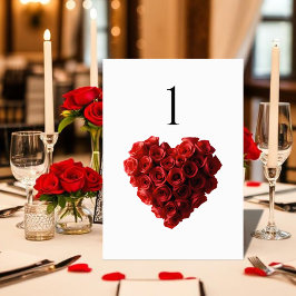Wedding Table Number-Heart Shaped Red Roses- Kaart