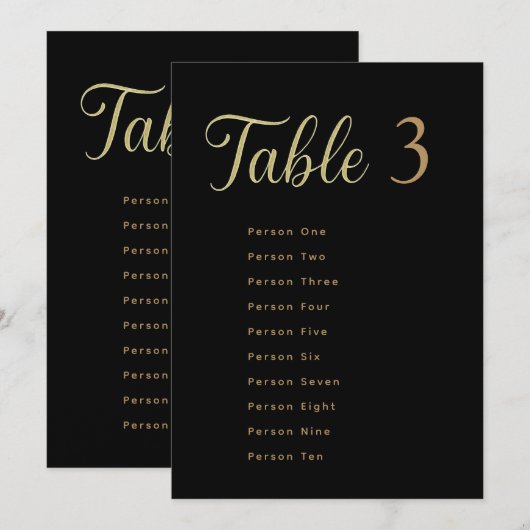Wedding Table Seating Chart Cards | Gold on Black Kaart (Voorkant / Achterkant)