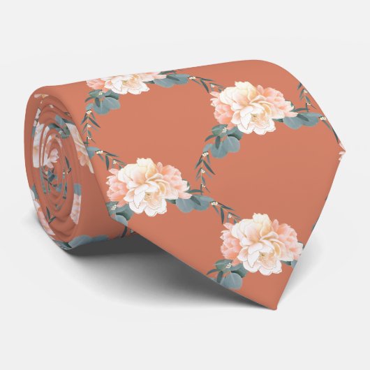 Wedding Terracotta Peony Floral Pattern Stropdas (Opgerold)