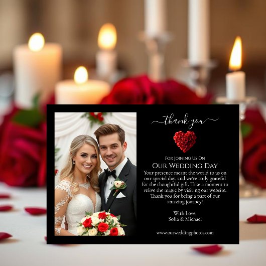 Wedding Thank You- Heart Shaped Red Roses Bedankkaart