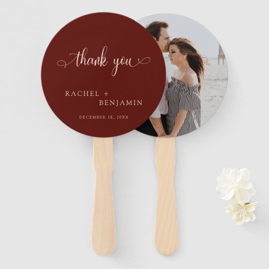 Wedding Thank You Photo Terracotta Script Rustic Handwaaier (Voorkant en achterkant)