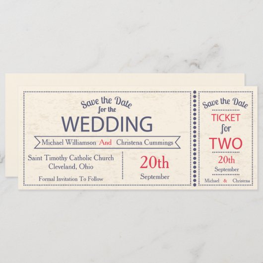 Wedding Ticket sparen de Datum aankondiging (Voorkant / Achterkant)