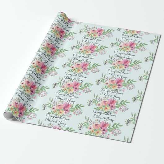 Wedding toevoegen Namen Floral Waterverf Roll van Cadeaupapier (Uitgerold)