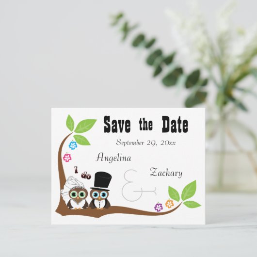 Wedding Uil Bruid en bruidegom Save the Date Aankondigingskaart (Staand voorkant)