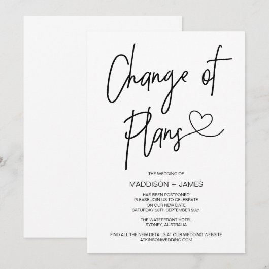 Wedding Uitgestelde Notities Wijziging van Plannen Kaart (Voorkant / Achterkant)