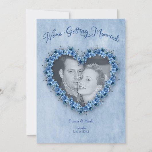 Wedding Uitnodigingshart Blauw Roos Foto invoegen Kaart (Voorkant)