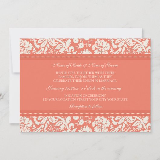 Wedding-uitvindingen Coral Cream Damask Kaart (Achterkant)