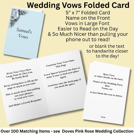Wedding Vows Folded Card Blue Roses & Doves Kaart