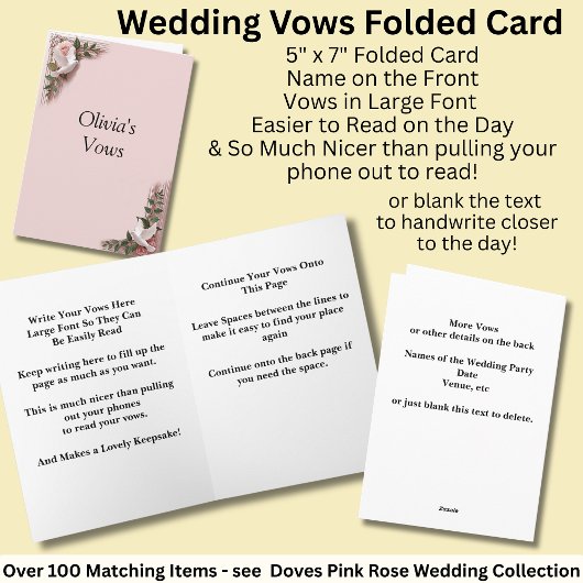 Wedding Vows Folded Card Pink Roses & Doves Kaart