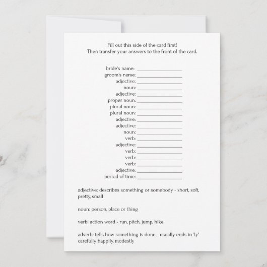 Wedding Vows Wed Libs Game Kaart (Achterkant)