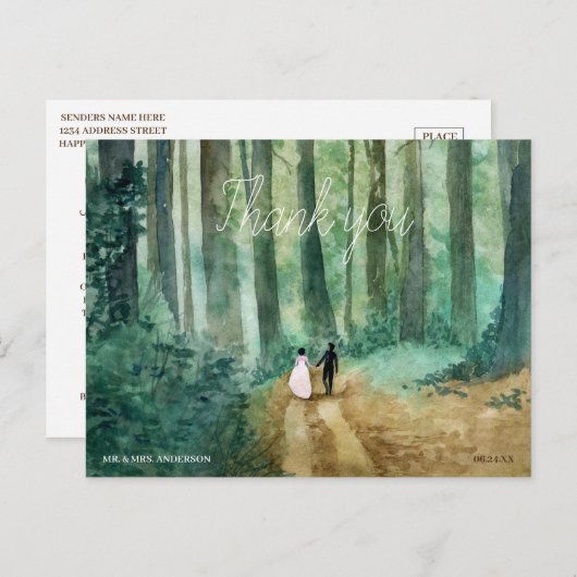 Wedding Waterverf boslandschap dank u Briefkaart (Voorkant / Achterkant)