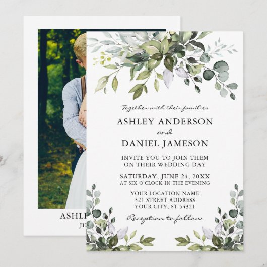 Wedding Waterverf Greenery Foto Kaart (Voorkant / Achterkant)