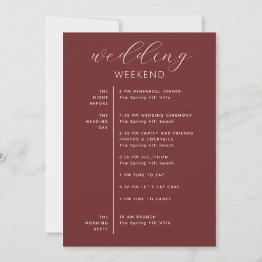 Wedding Weekend Itinerary | Deep Wine Red Timeline Kaart (Achterkant)