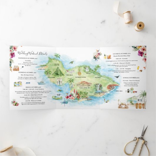 Wedding Weekend | Maui, Hawaii Tri-Fold Invitation Drieluik Uitnodiging (Binnen)