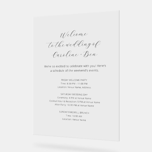 Wedding Weekend Orde van Evenementen Minimalistisc Acryl Bord (Hoek)