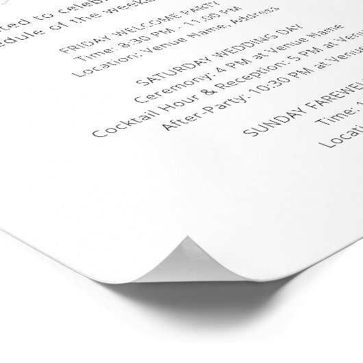Wedding Weekend Orde van Evenementen Minimalistisc Poster (Hoek)