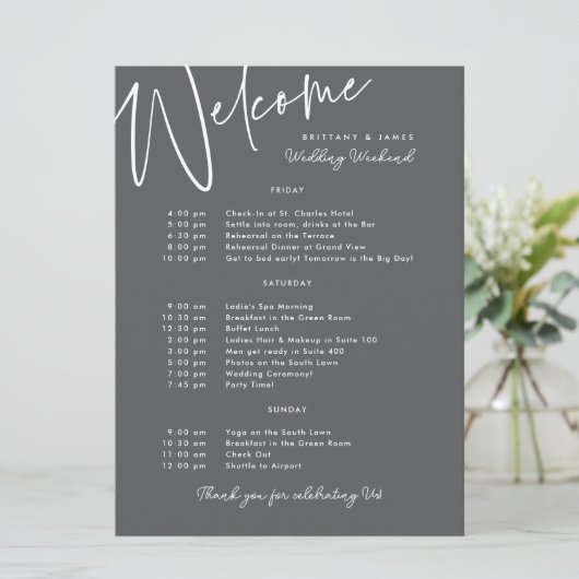 Wedding Weekend Route Charcoal Welkom Kaart (Staand voorkant)