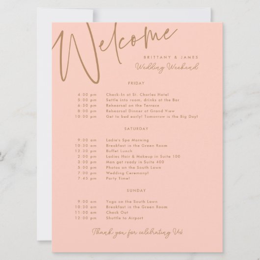 Wedding Weekend Route Peach Gold Welkom Kaart (Voorkant)