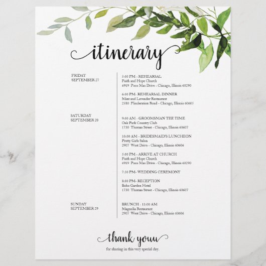 Wedding Weekend Welkom Itinerary Elegant Greenery (Achterkant)