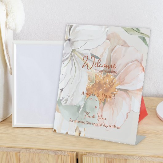 Wedding Welcome | Blush Peach Floral Reclamebord Met Voetstuk
