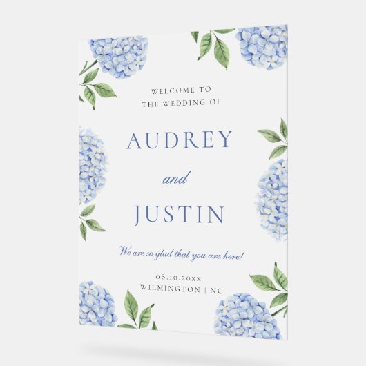 Wedding Welcome Sign, Classic Blue Hydrangea Acryl Bord (Hoek)