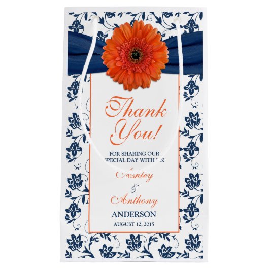 Wedding Welkom Gift Bag Sinaasappel Daisy Navy Dam Klein Cadeauzakje (Voorkant)