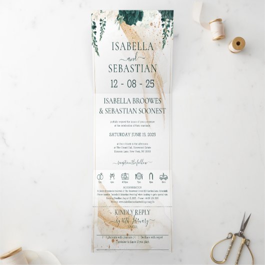 Wedding White All in one Emerald Green Rose Floral Drieluik Uitnodiging (Binnen)