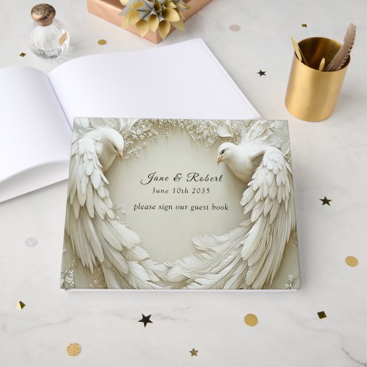 Wedding White Dove Open Wings Rozen Gastenboek (Voorkant open)