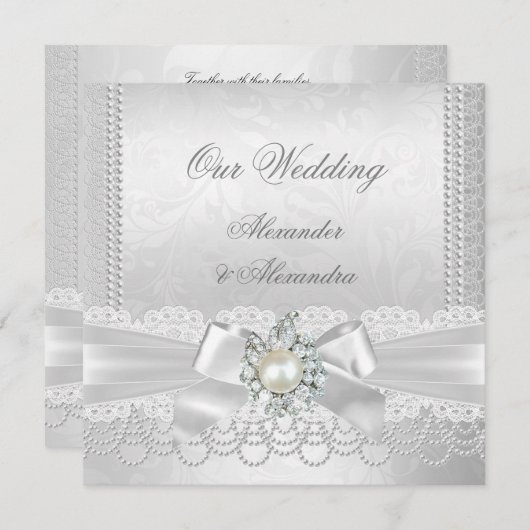 Wedding White Pearl Lace Damask Diamond Silver Kaart (Voorkant / Achterkant)